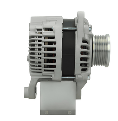 side view of a new aftermarket alternator with a metal body, electrical connectors, and a pulley for a vehicle. on a white background
