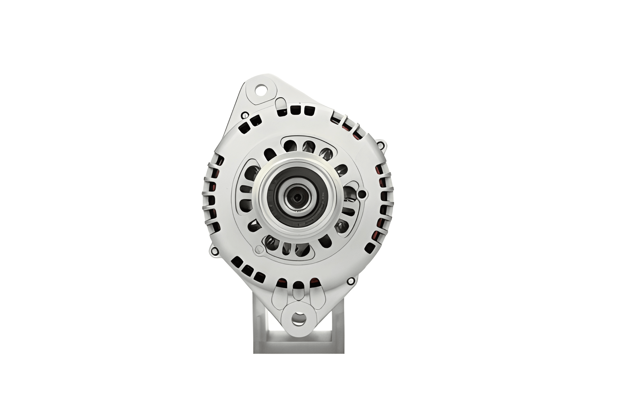 front view of A new 12V 100Amp aftermarket alternator for Opel / vauxhall vehicles, featuring metal construction with a pulley and wiring connectors.