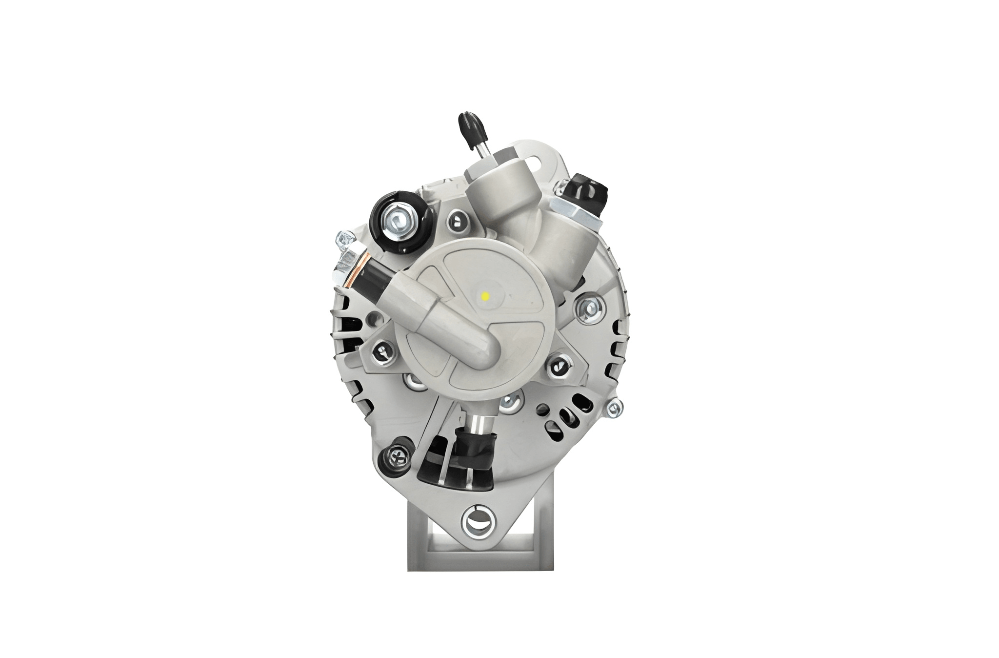 rear view of A new 12V 100Amp aftermarket alternator for Opel / vauxhall vehicles, featuring metal construction with a pulley and wiring connectors.
