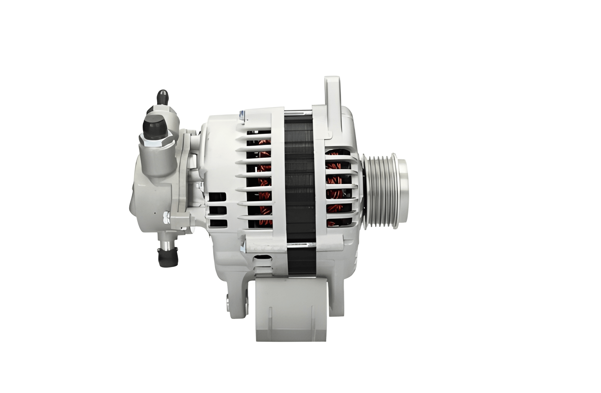 side view of A new 12V 100Amp aftermarket alternator for Opel / vauxhall vehicles, featuring metal construction with a pulley and wiring connectors.
