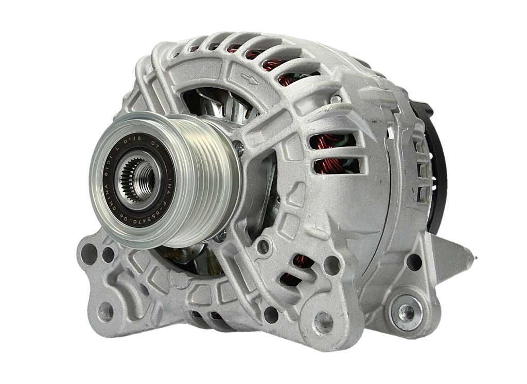 A new aftermarket alternator for a Volkswagen vehicle, featuring a metal body with several mounting holes and electrical connectors.