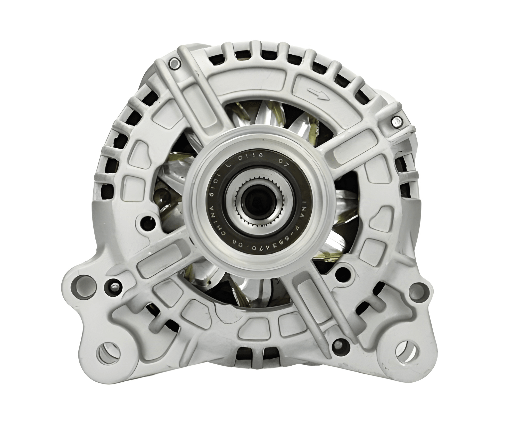 front view of a Car alternator on a white background