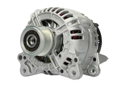 A new aftermarket alternator for a Volkswagen vehicle, featuring a metal body with several mounting holes and electrical connectors.