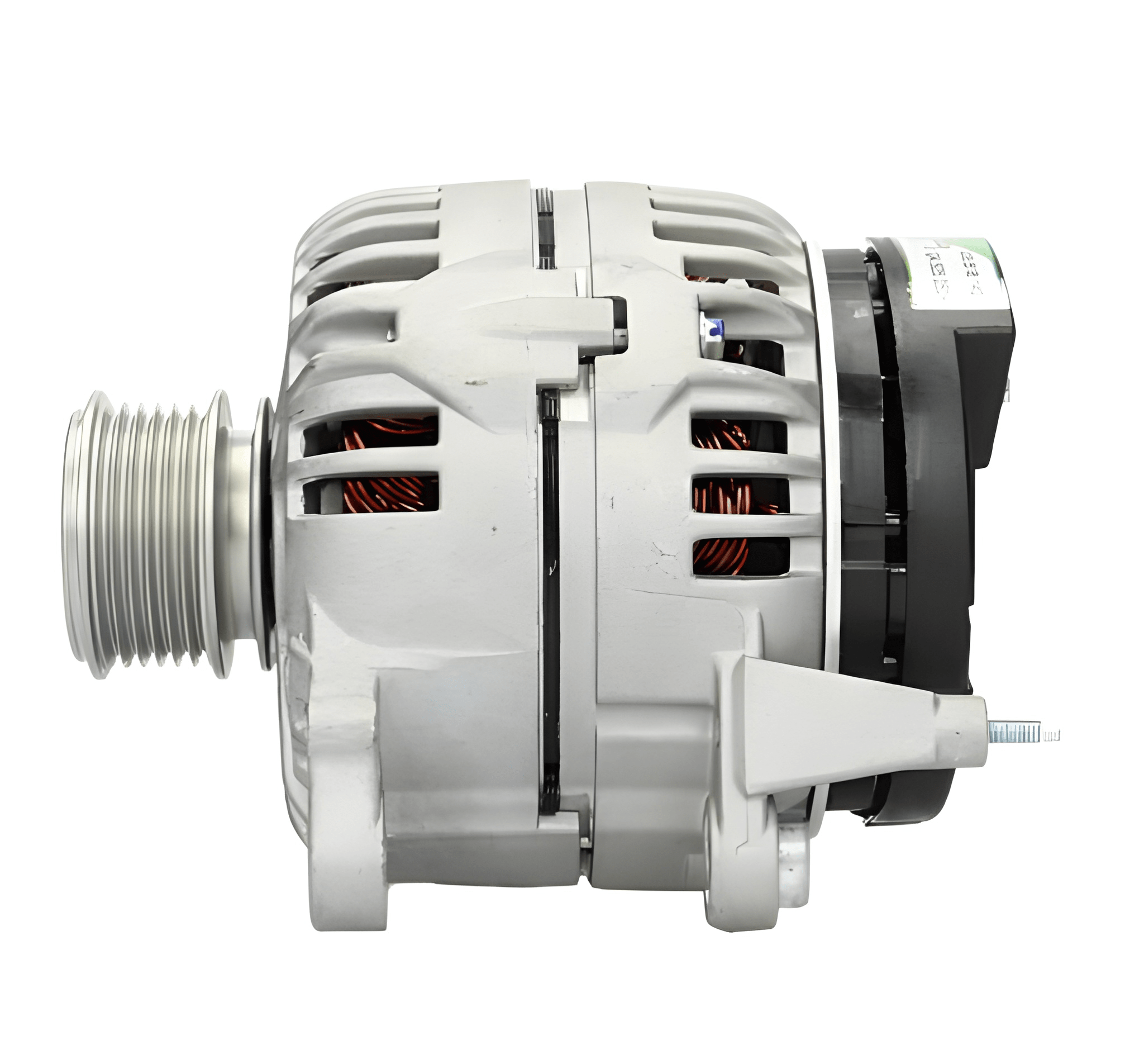 side view of a Car alternator on a white background