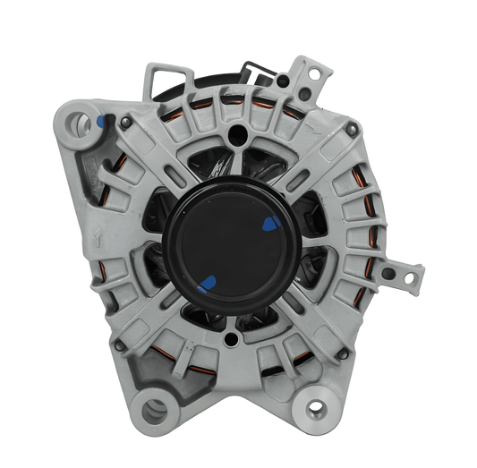 front view of A Ford 220A alternator, showing a metallic body with wiring and a pulley system. on a white background