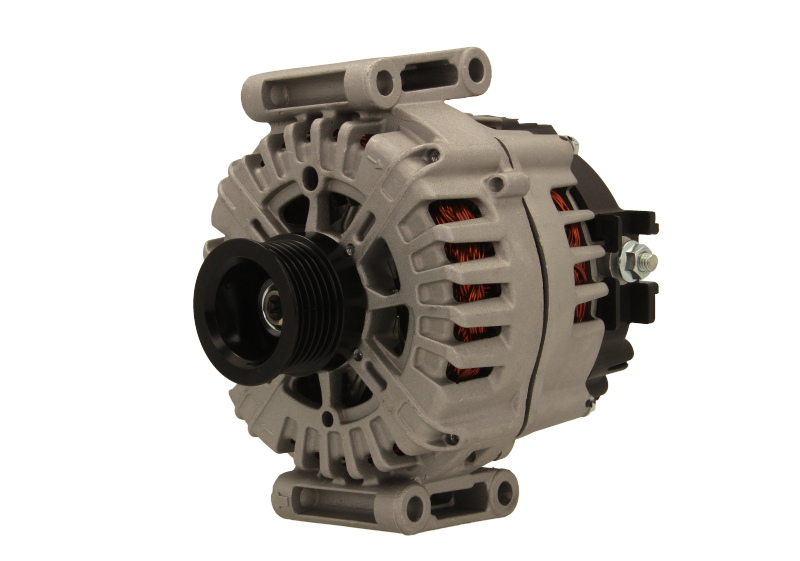 A new 12V 180A aftermarket mercedes alternator with a metal body, wiring harness, and a pulley system, isolated on a white background.