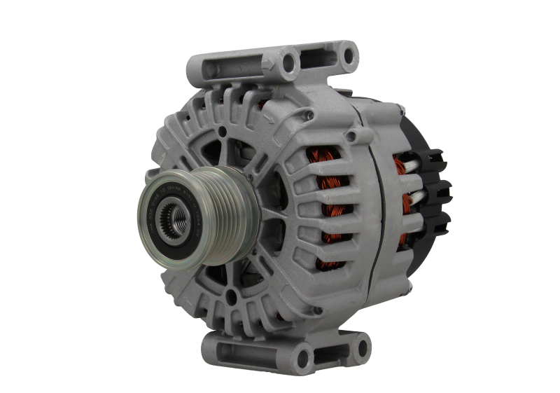 A new aftermarket alternator with a gray body, metal housing, and a free wheel pulley.