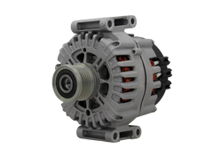 A new aftermarket alternator with a gray body, metal housing, and a free wheel pulley.