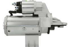 side view of A new 12V Ford starter motor with a 2.2 kW power rating and 12 teeth, displaying the front view with a silver and gray color.