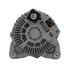 rear view of A new aftermarket alternator with a metal body, free wheel pulley, and multiple mounting holes. on a white background